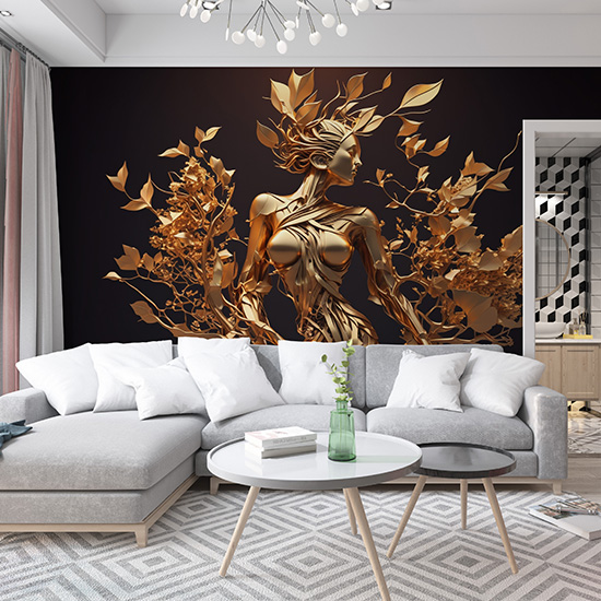3D Altın Renk Kadın ve Çiçekler Duvar Kağıtları YF-00030