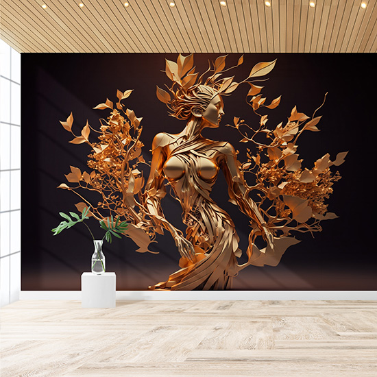 3D Altın Renk Kadın ve Çiçekler Duvar Kağıtları YF-00030