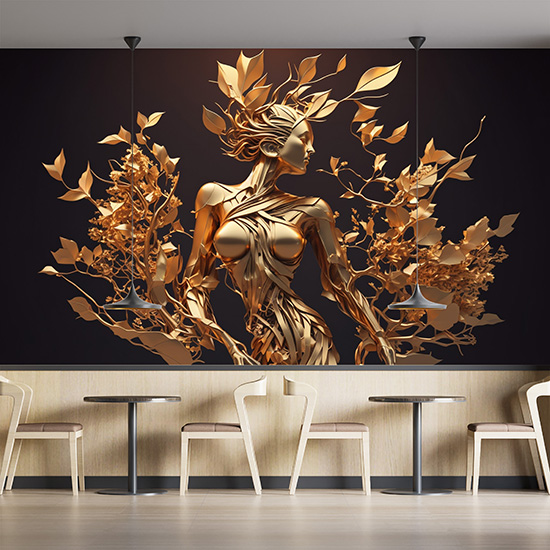 3D Altın Renk Kadın ve Çiçekler Duvar Kağıtları YF-00030