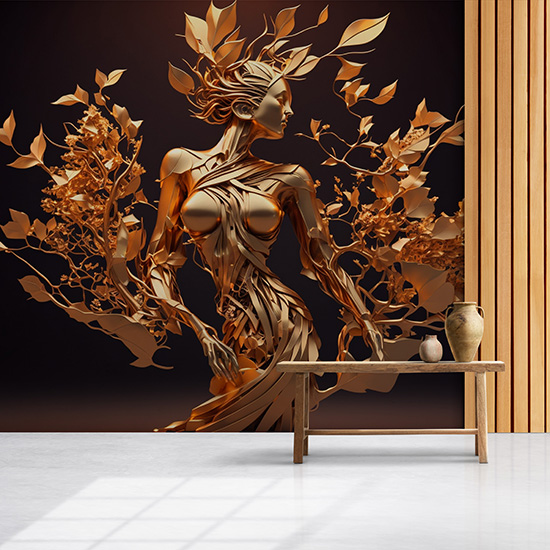 3D Altın Renk Kadın ve Çiçekler Duvar Kağıtları YF-00030
