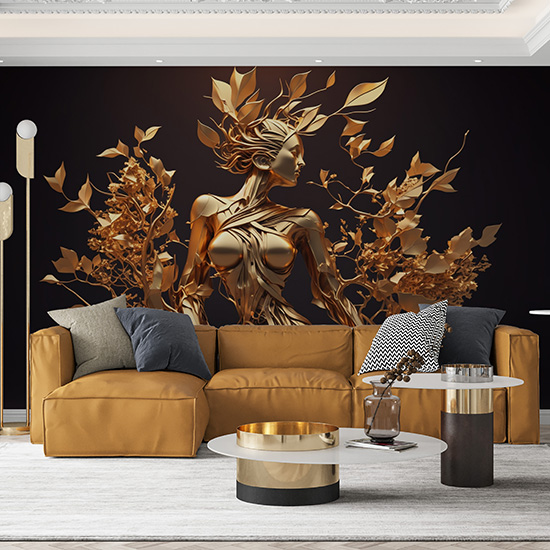 3D Altın Renk Kadın ve Çiçekler Duvar Kağıtları YF-00030
