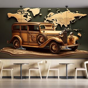 Vintage Kahverengi Araba ve Dünya Haritası Duvar Kağıdı YHA-00422