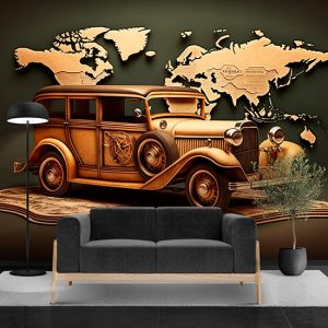 Vintage Kahverengi Araba ve Dünya Haritası Duvar Kağıdı YHA-00422
