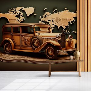 Vintage Kahverengi Araba ve Dünya Haritası Duvar Kağıdı YHA-00422