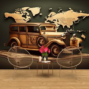 Vintage Kahverengi Araba ve Dünya Haritası Duvar Kağıdı YHA-00422