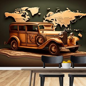 Vintage Kahverengi Araba ve Dünya Haritası Duvar Kağıdı YHA-00422