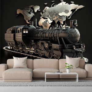 Siyah Tren ve Dünya Haritası Duvar Kağıdı YHA-00425