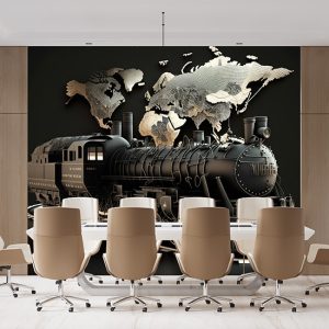 Siyah Tren ve Dünya Haritası Duvar Kağıdı YHA-00425