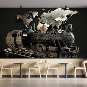 Siyah Tren ve Dünya Haritası Duvar Kağıdı YHA-00425