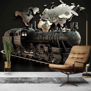 Siyah Tren ve Dünya Haritası Duvar Kağıdı YHA-00425