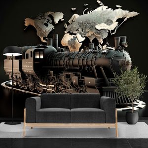 Siyah Tren ve Dünya Haritası Duvar Kağıdı YHA-00425