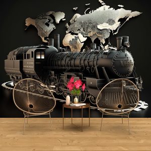 Siyah Tren ve Dünya Haritası Duvar Kağıdı YHA-00425