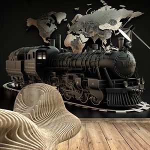 Siyah Tren ve Dünya Haritası Duvar Kağıdı YHA-00425