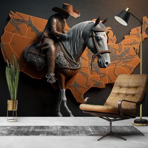 Dünya Haritası Üzerinde Bir Kovboy ve Atı Duvar Kağıdı YHA-00432
