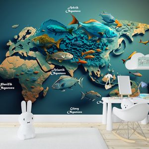 Balıklı Dünya Okyanusları Haritası Duvar Kağıdı YHA-00438