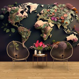 Bitkileri Gösteren Dünya Kıtalar Haritası Duvar Kağıdı YHA-00442