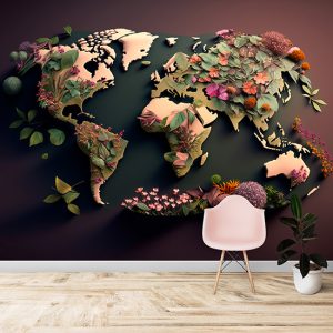 Bitkileri Gösteren Dünya Kıtalar Haritası Duvar Kağıdı YHA-00442