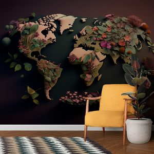 Bitkileri Gösteren Dünya Kıtalar Haritası Duvar Kağıdı YHA-00442