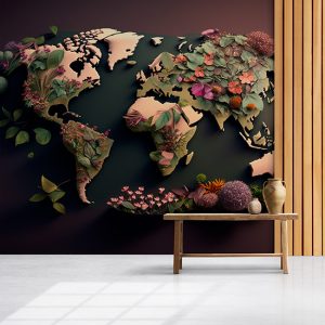 Bitkileri Gösteren Dünya Kıtalar Haritası Duvar Kağıdı YHA-00442