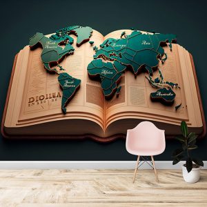 Kitap Üzerinde Dünya Kıtaları Haritası Vintage Duvar Kağıdı YHA-00444