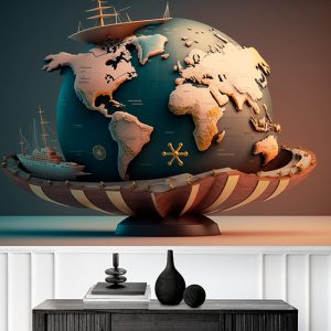 3D Dünya, Kıtalar ve Gemiler Vintage Duvar Kağıdı YHA-00481