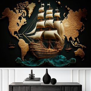 Dünya Haritası ve Yelkenli Bir Gemi Vintage Duvar Kağıdı YHA-00484