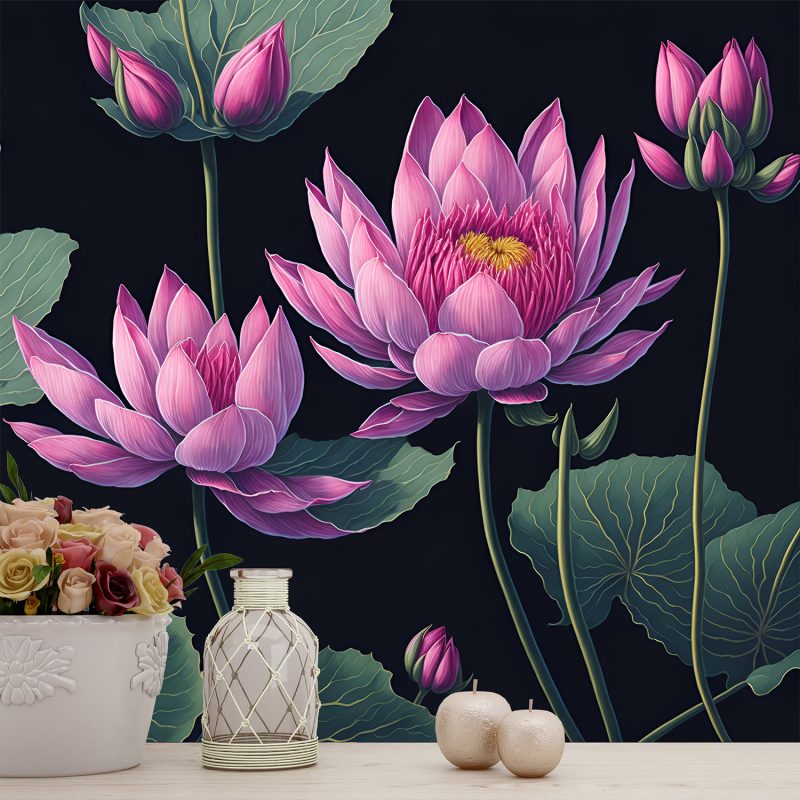 3 Boyutlu Pembe Lotus Çiçeği Duvar Kağıtları YF-00848