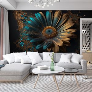 3D Mavi ve Altın Renk Papatya Duvar Kağıdı YF-02008