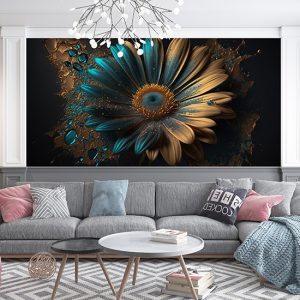 3D Mavi ve Altın Renk Papatya Duvar Kağıdı YF-02008