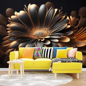 Siyah ve Gold Papatya Modern Çiçek Duvar Kağıtları YF-02012