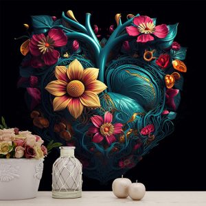 Kalp Şekli İçerisinde 3D Çiçekler Duvar Kağıdı YF-02021