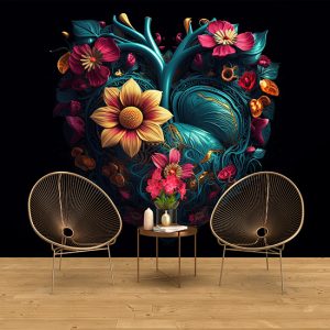 Kalp Şekli İçerisinde 3D Çiçekler Duvar Kağıdı YF-02021