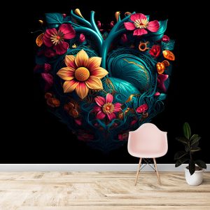 Kalp Şekli İçerisinde 3D Çiçekler Duvar Kağıdı YF-02021