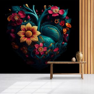 Kalp Şekli İçerisinde 3D Çiçekler Duvar Kağıdı YF-02021