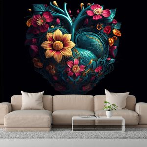 Kalp Şekli İçerisinde 3D Çiçekler Duvar Kağıdı YF-02021