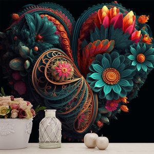 Kalp Şeklinde 3D Bahar Çiçekleri Duvar Kağıdı YF-02022