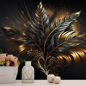 3D Mat Tropikal Yaprak Duvar Kağıdı Siyah ve Gold YF-02041