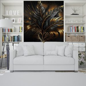3D Mat Tropikal Yaprak Duvar Kağıdı Siyah ve Gold YF-02041