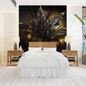 3D Mat Tropikal Yaprak Duvar Kağıdı Siyah ve Gold YF-02041