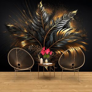 3D Mat Tropikal Yaprak Duvar Kağıdı Siyah ve Gold YF-02041