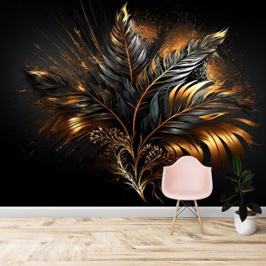 3D Mat Tropikal Yaprak Duvar Kağıdı Siyah ve Gold YF-02041