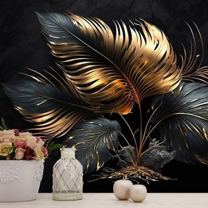 Gold ve Siyah Mat Yaprak 3D Modern Duvar Kağıtları YF-02044