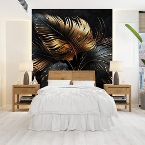 Gold ve Siyah Mat Yaprak 3D Modern Duvar Kağıtları YF-02044