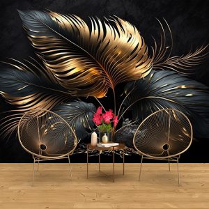 Gold ve Siyah Mat Yaprak 3D Modern Duvar Kağıtları YF-02044