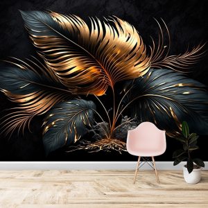 Gold ve Siyah Mat Yaprak 3D Modern Duvar Kağıtları YF-02044