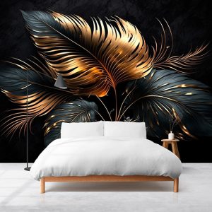 Gold ve Siyah Mat Yaprak 3D Modern Duvar Kağıtları YF-02044