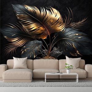 Gold ve Siyah Mat Yaprak 3D Modern Duvar Kağıtları YF-02044