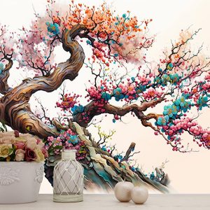 Rengarenk Sakura Çiçekleri Suluboya Duvar Kağıdı YF-02052