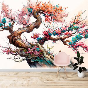 Rengarenk Sakura Çiçekleri Suluboya Duvar Kağıdı YF-02052