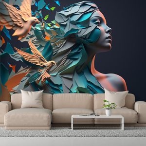 Kuş ve Kadın İllüstrasyonu Kuaför Duvar Kağıtları YK-00586